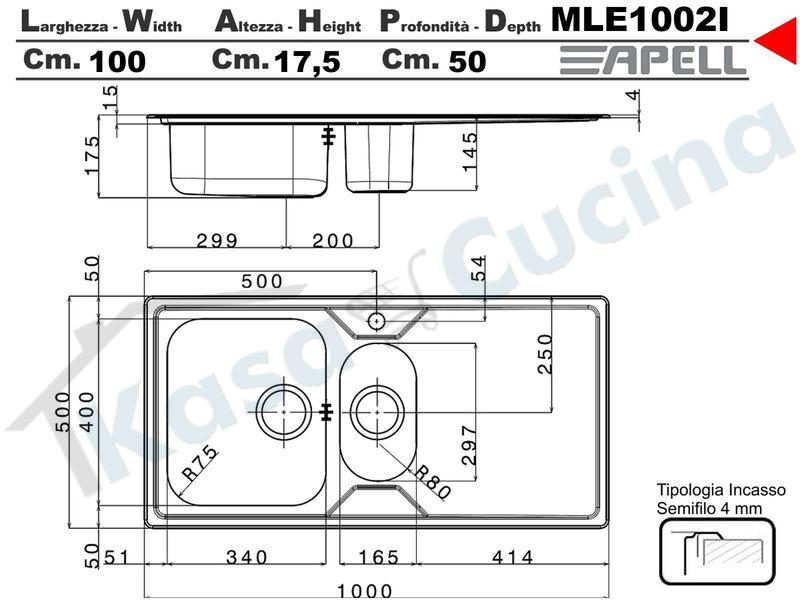 Lavello Incasso cm.100x50 Acciaio Inox Spazzolato Melodia 1 Vasca Destra