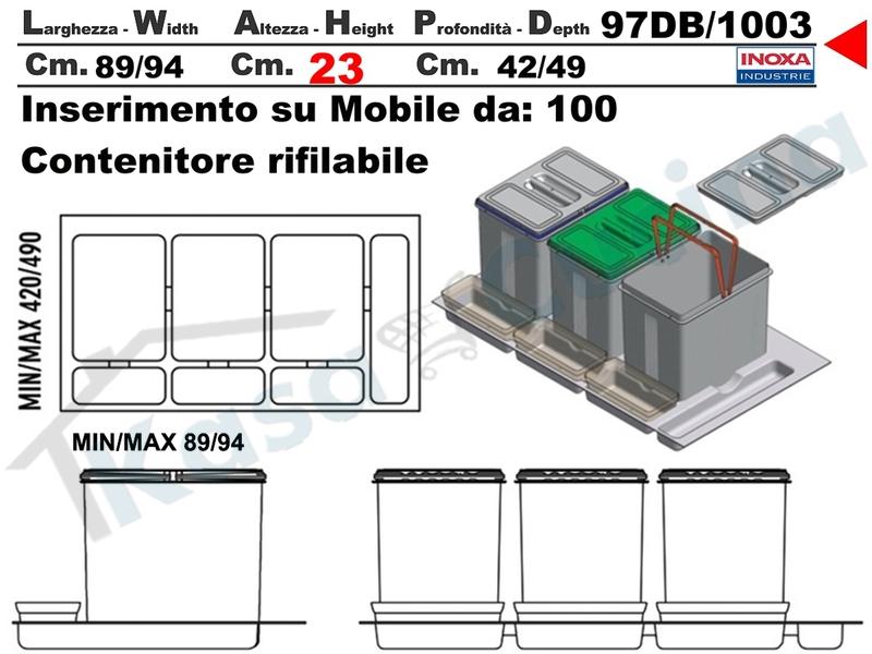 Pattumiera Estraibile Inoxa 97DE/4 3 Secchi Coperchio Basculante X Base 45  a 120