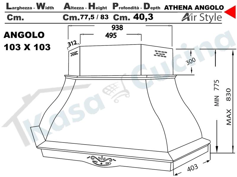 Cappa Angolo Athena 103X103 Legno Frassino o Tiglio Verniciata + MOTORE 420 m3/h