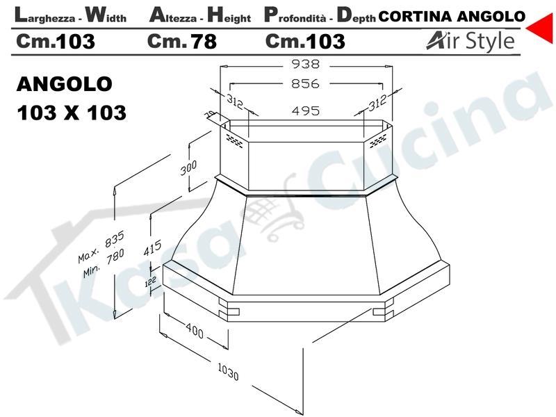 Cappa Angolo CORTINA K203 103X103 Con Trave Scolpita Frassino/Tiglio Grezza