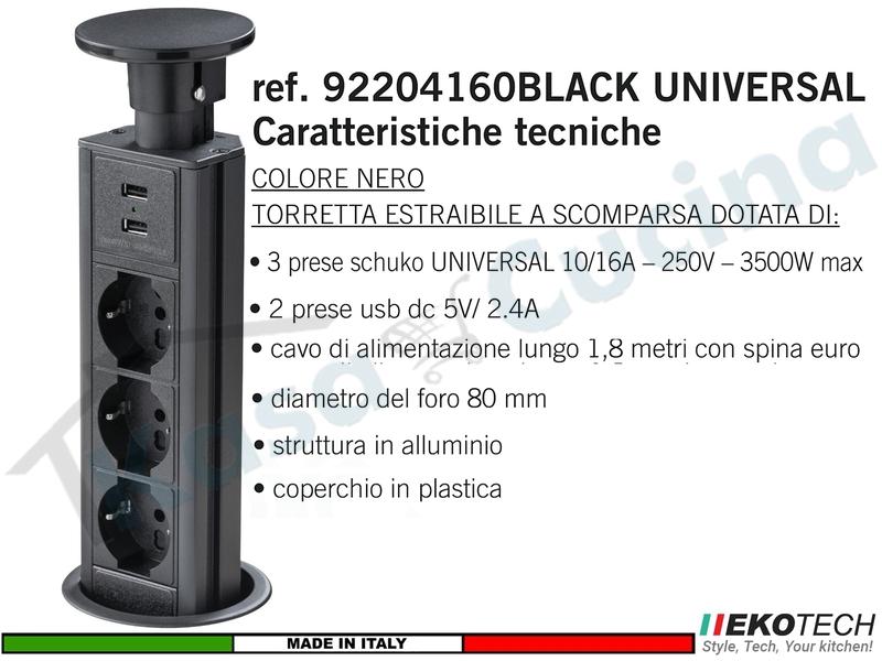 Torretta Multipresa Estraibile a Scomparsa Incasso con 3 Prese universali e 2 USB Nera