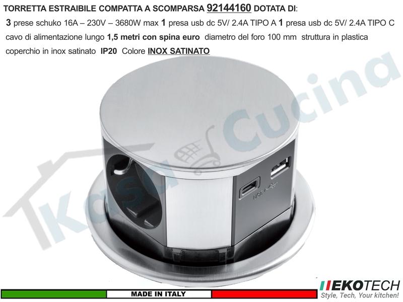 Torretta Multipresa Estraibile a Scomparsa 3 Prese 1 USB A + 1 USB TIPO C INOX