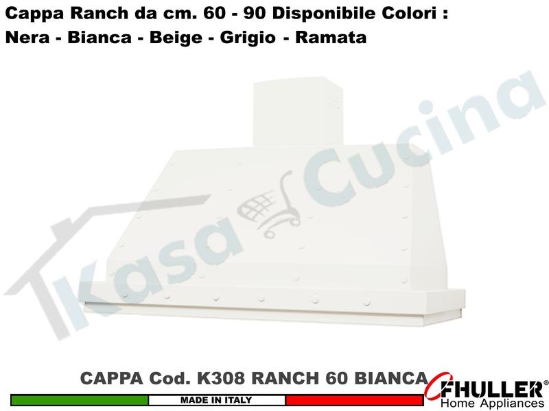 Cappa Cucina Parete Moderna RANCH K308 cm.60 Bianca + MOTORE 420 m³/h Classe F