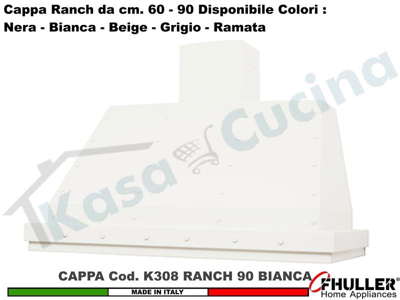 Cappa Cucina Parete Moderna RANCH K308 cm.90 Bianca + MOTORE 420 m³/h Classe F