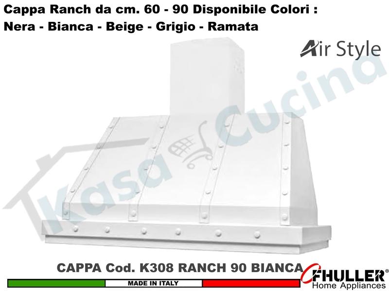 Cappa Cucina Parete Moderna RANCH K308 cm.90 Bianca + MOTORE 420 m³/h Classe F