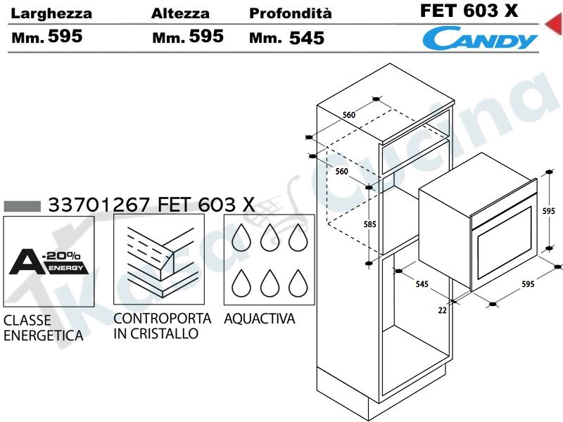 Forno Ventilato Candy Elite cm.60 Inox Classe A+ 9 Funzioni