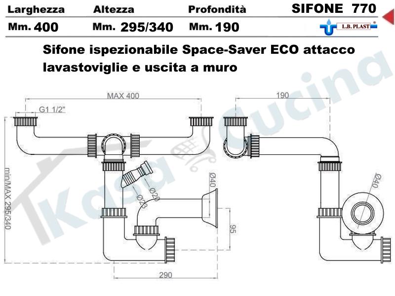 Sifone 2 via a fiasca L.B.PLAST 250-ALS con attacco lavastoviglie e uscita  a muro per lavabo lavello cucina incasso - ingresso 1 tubo scarico diam. 40